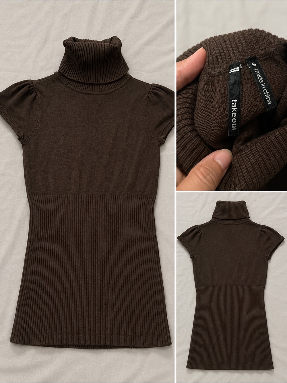 Takeout Brown Ribbed Short-Sleeve Turtleneck Top